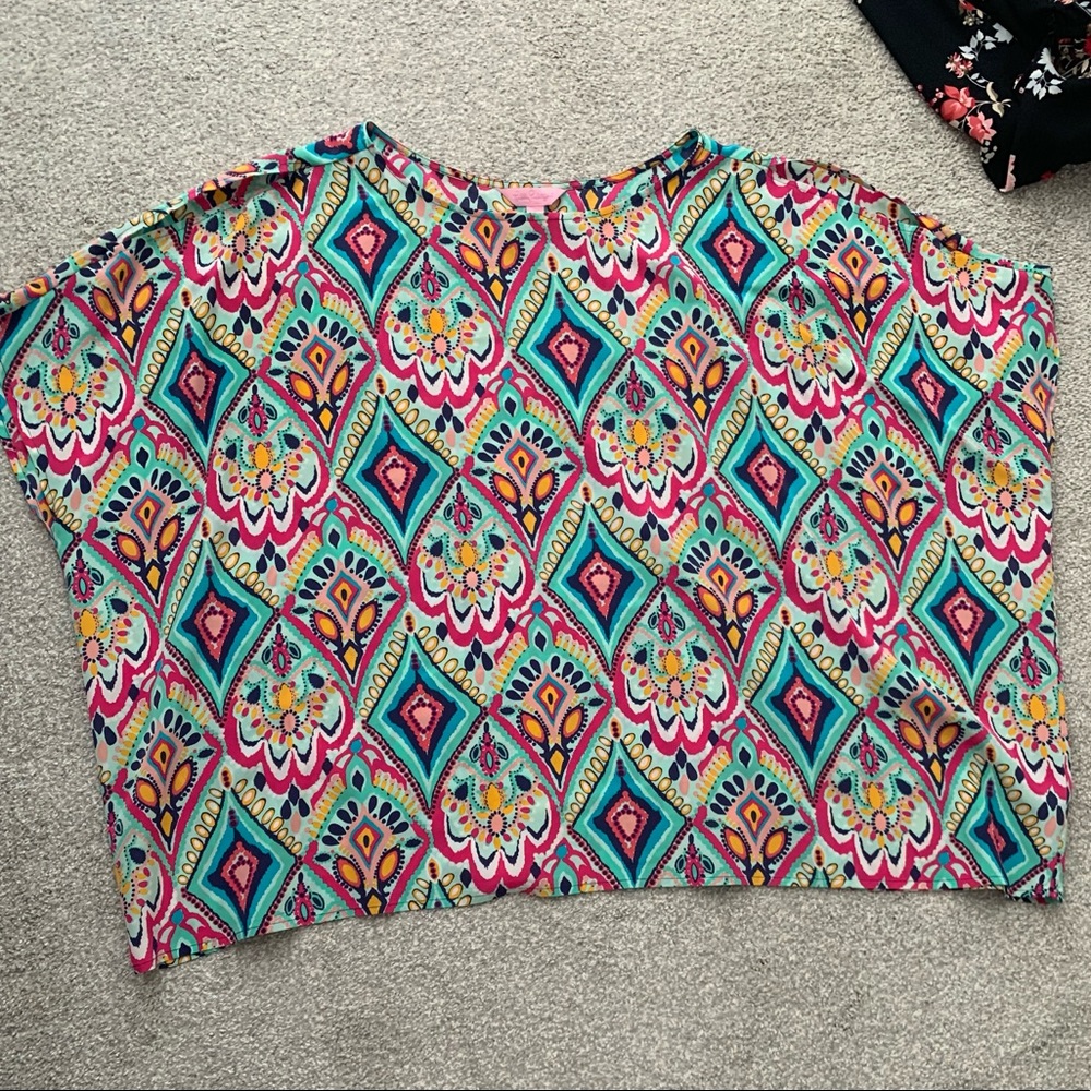 Lilly Pulitzer Multicolor Geometric Floral Boxy Top - Teal, Pink, Yellow